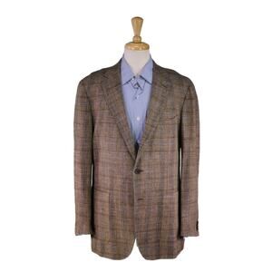 Suitsupply Havana Brown w/ Blue Check Wool-Linen-Silk Patch Pocket Blazer 46R